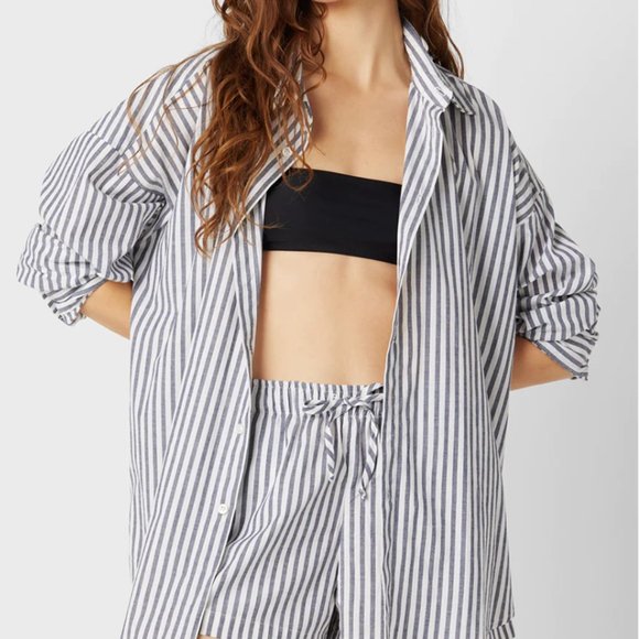The Lady and the Sailor THE SUNDAY SHIRT IN NAVY STRIPE POPLIN - Picture 1 of 5